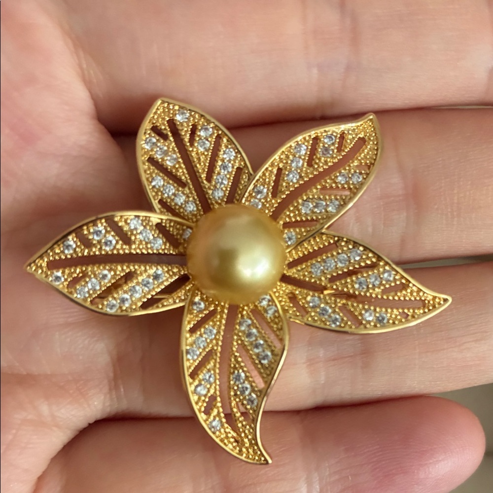 Gold South Sea Pearl Brooch, Gold Pearl Flower Pin, Elegant Gift for Mom